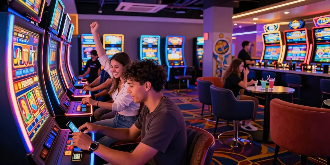 Exciting scene of friends playing bet games in a colorful casino arcade, celebrating wins and enjoying gaming apps.