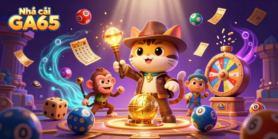 Engage in exhilarating action at Nhà cái GA65 with vibrant lottery elements and a dynamic treasure discovery scene.