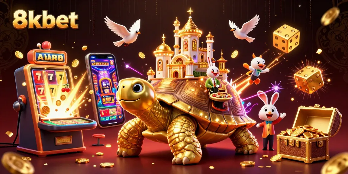 Experience winning excitement at 8xbet with a vibrant casino scene featuring a golden tortoise and dealers.