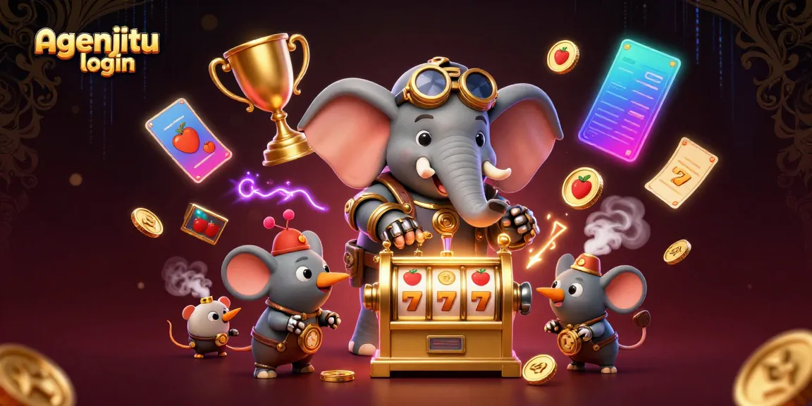 Gambarkan agenjitu login dengan slot mesin berornamen emas dan karakter lucu lainnya dalam suasana kasino.