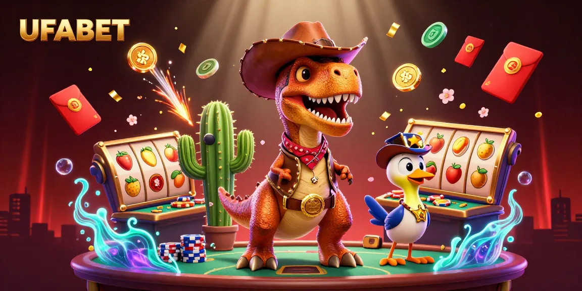 Spin the reels at UFABET with an energetic cartoon scene featuring a T-Rex cowboy and vibrant casino elements.