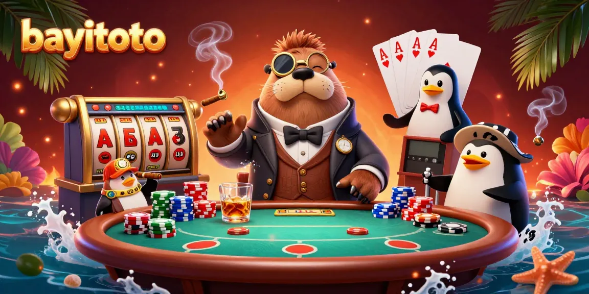 Experience gaming excitement at bayitoto with a jolly walrus and friends around a vibrant poker table.
