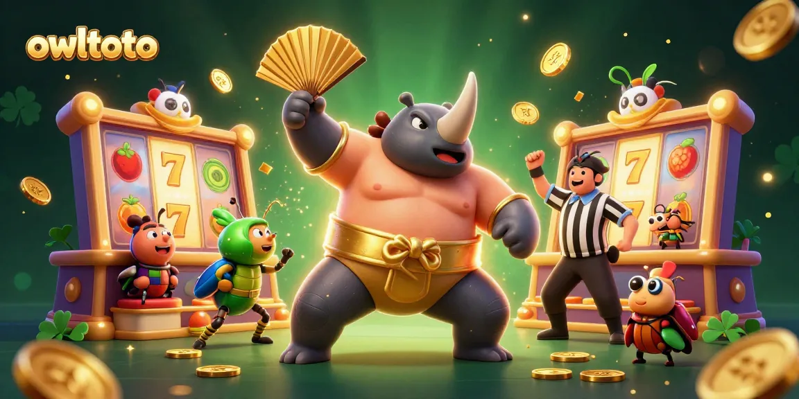 Engage with owltoto's thrilling casino experience featuring a sumo champion beetle amidst dynamic slot machines.