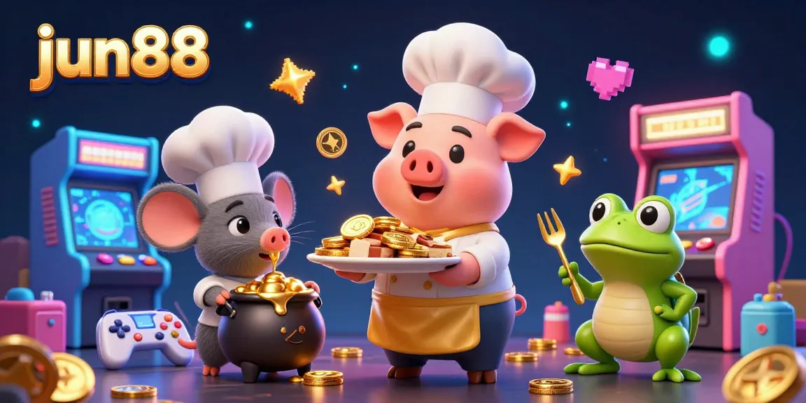 Win big at jun88 with a festive casino scene featuring a pig chef serving gold coins, ideal for gamblers.