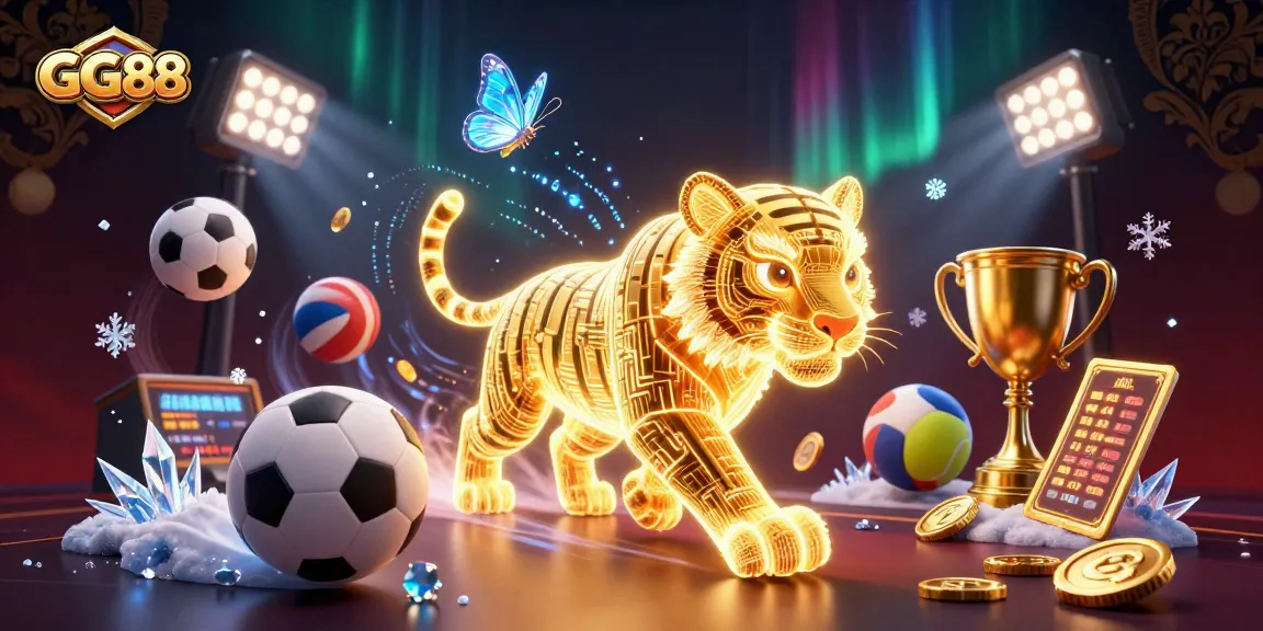 Bet on GG88 with the neon-wireframe tiger leading a dynamic casino experience full of sports elements.