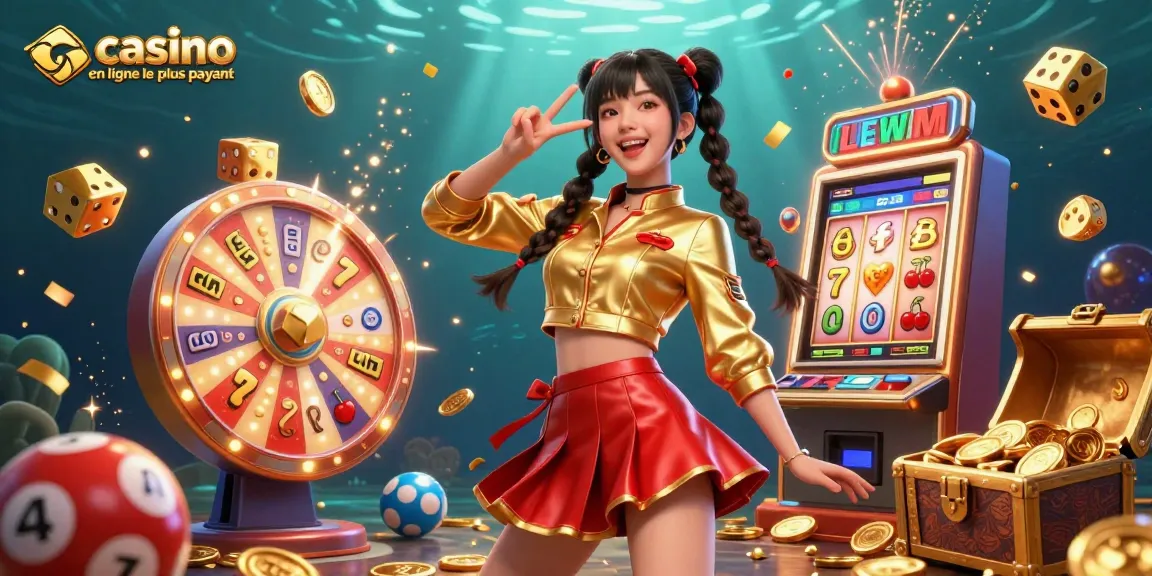 Experience the casino en ligne le plus payant with vibrant symbols, jackpots, and a smiling Asian woman celebrating victory.
