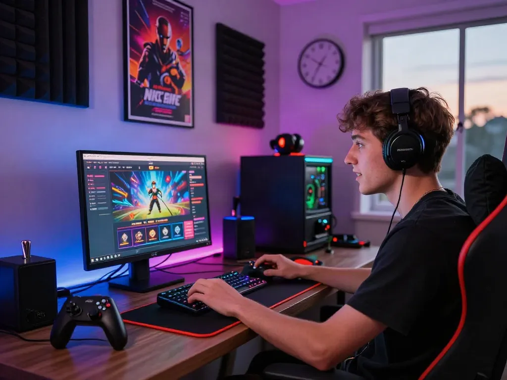 Young adult enjoying ALO8 online gaming experience at a modern desk.