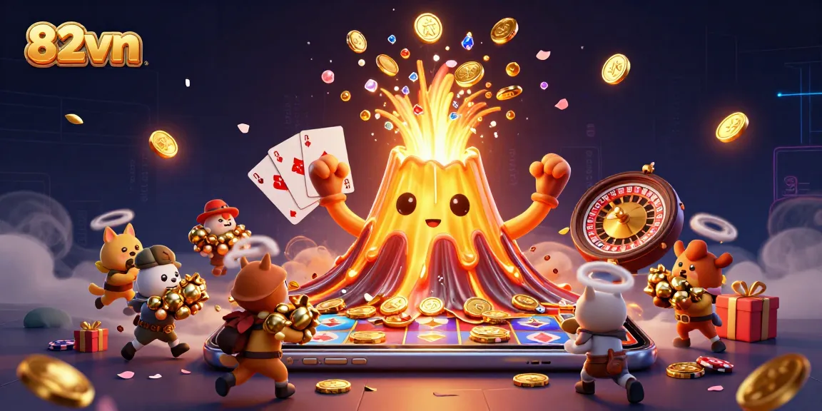 Experience the thrill of casino games with 82vn, featuring vibrant 3D illustrations of treasures and excitement.