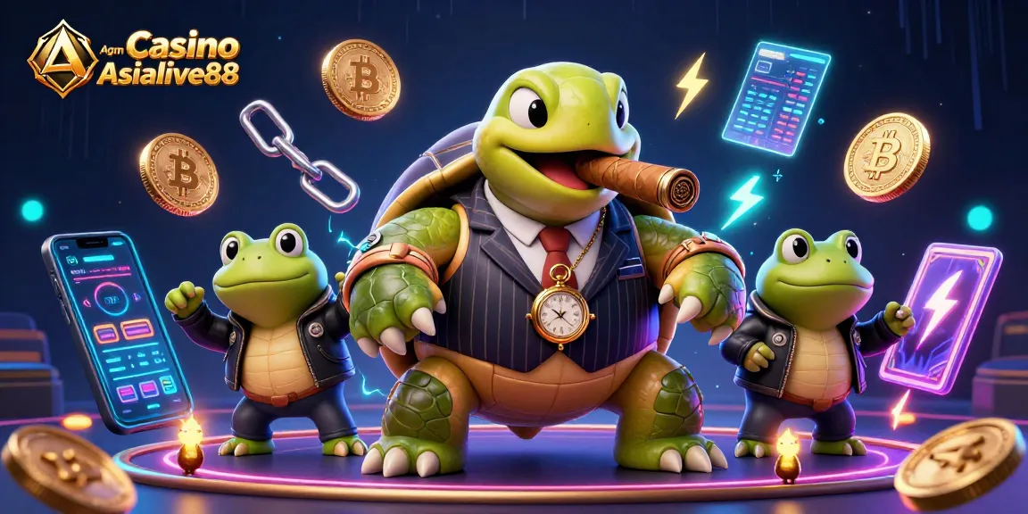 Agen Casino Asialive88 ignites excitement with a massive snapping turtle and bullfrog enforcers amidst dazzling digital casino elements.