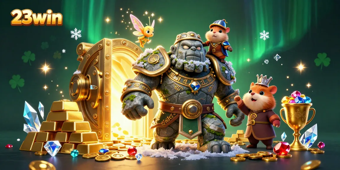 Experience the magic of 23win with a vibrant 3D illustration filled with casino treasures and adventure.