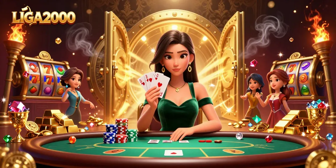 LIGA2000 menangkap kegembiraan kemenangan di meja poker dengan elemen permainan slot yang penuh warna.