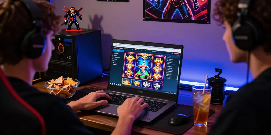 Engaging online gaming experience showcasing Link Alternatif Cemeslot on a laptop surrounded by themed decor.