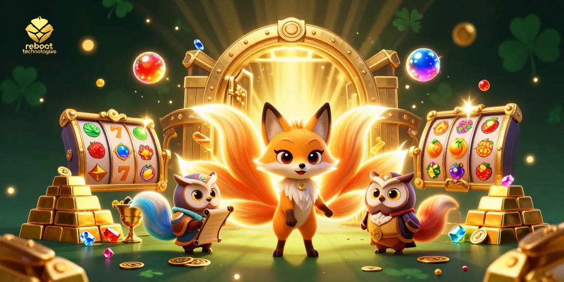 Play exciting slot games with reboottechnologies in a vibrant casino scene filled with treasures and magic.