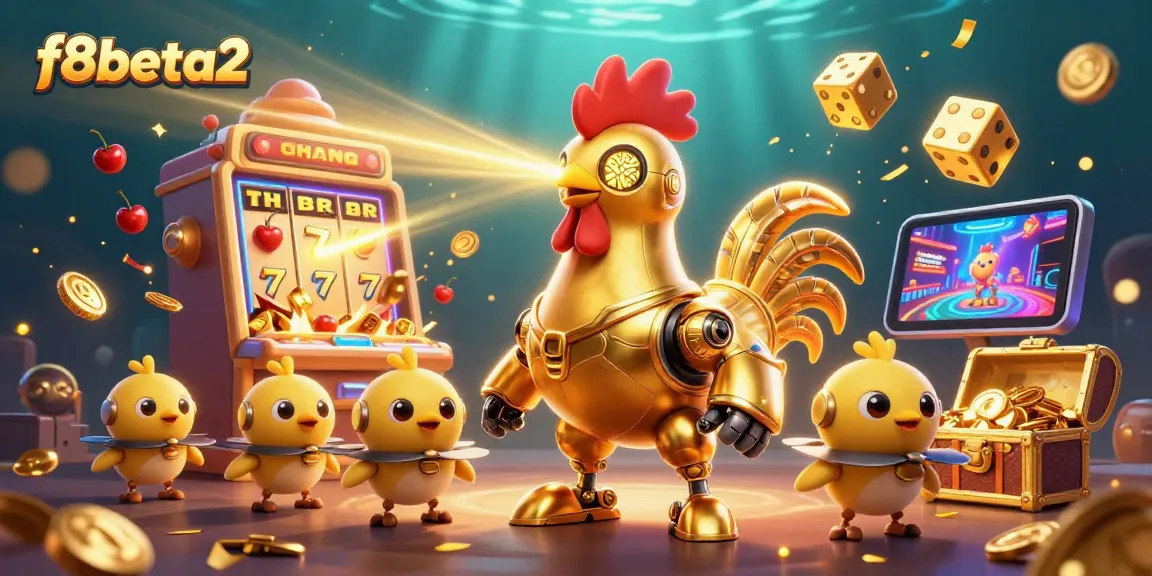 Experience the excitement of f8beta2 with a futuristic golden rooster robot amid casino riches.