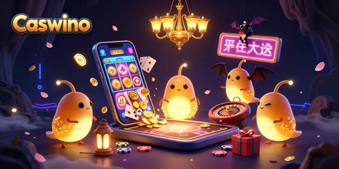 Play exciting Caswino slots with vibrant characters lighting up a dynamic cave casino scene.