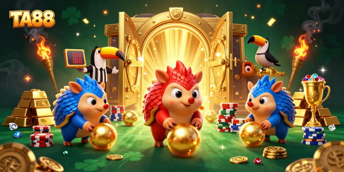 TA88 pangolins compete in a vibrant casino scene filled with poker chips and gold treasures.