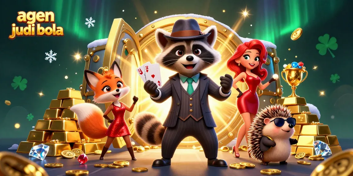 Experience thrilling action with agen judi bola, featuring a suave raccoon holding a royal flush.