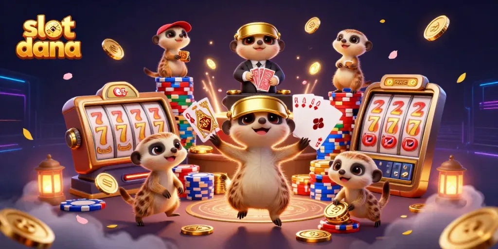 Bermain slot dana dengan karakter lucu, chip menumpuk, dan suasana kasino yang meriah.