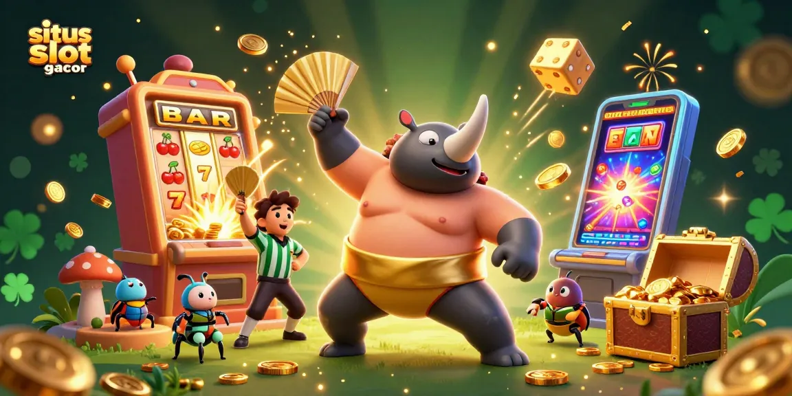 Situs slot gacor illustration featuring a beetle champion amidst a jackpot explosion in a vibrant casino scene