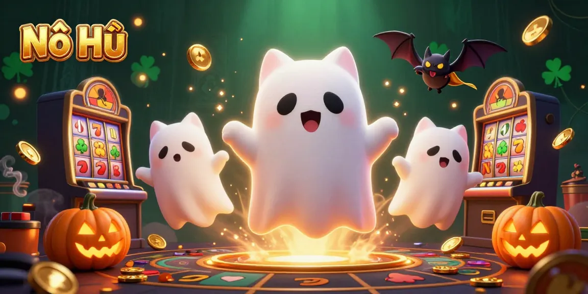 Experience the excitement of Nổ Hũ with floating characters, slot buttons, and vibrant casino elements.