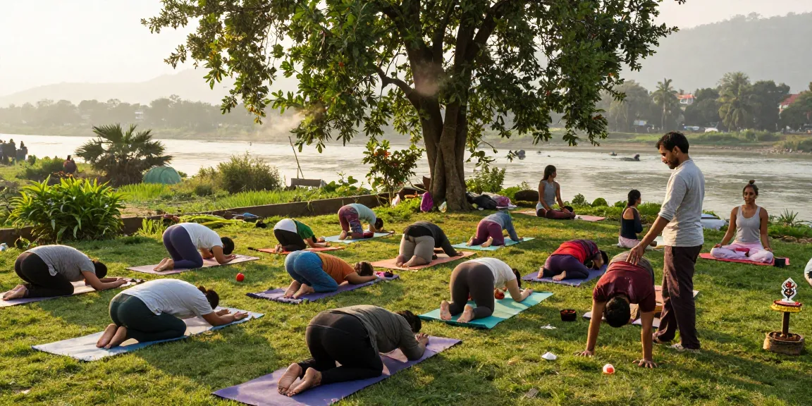 Yoga teacher training in Rishikesh, students practicing yoga outdoors by the Ganges River in serene surroundings.