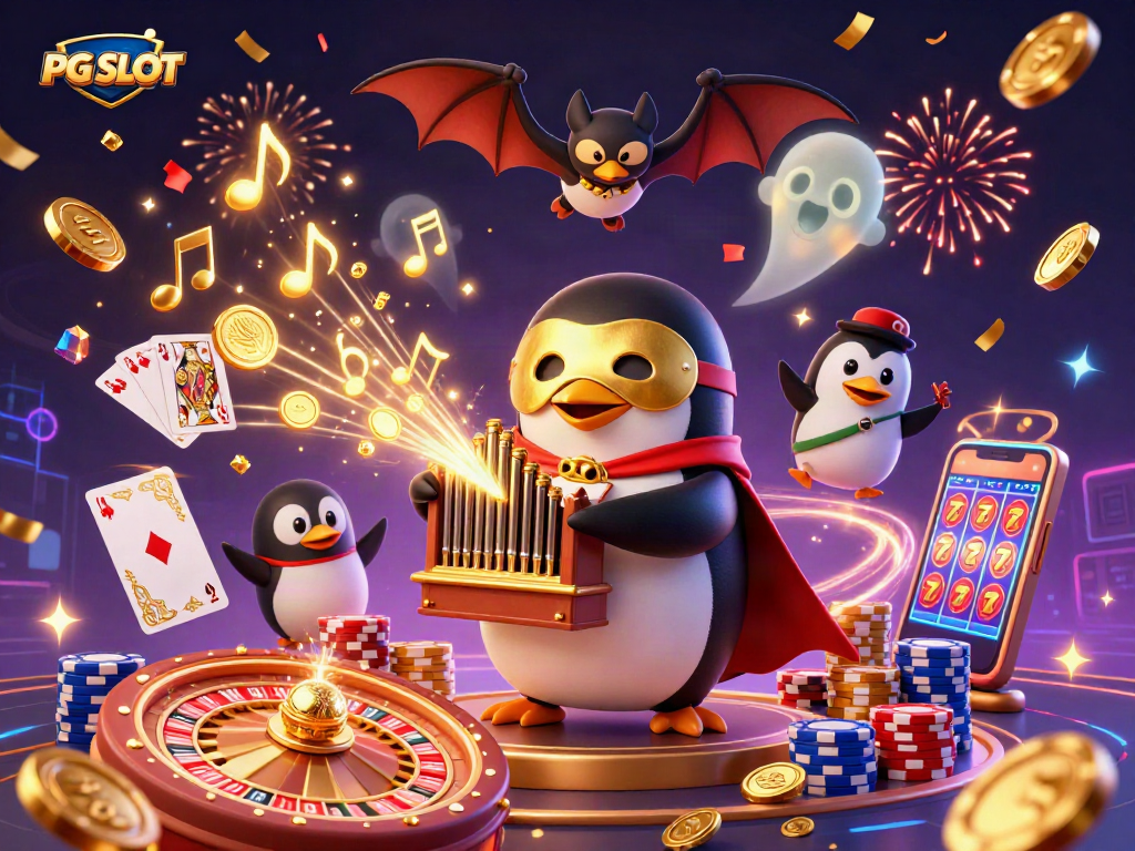 Experience thrills with PG SLOT as a phantom penguin plays a golden organ in a dazzling casino.