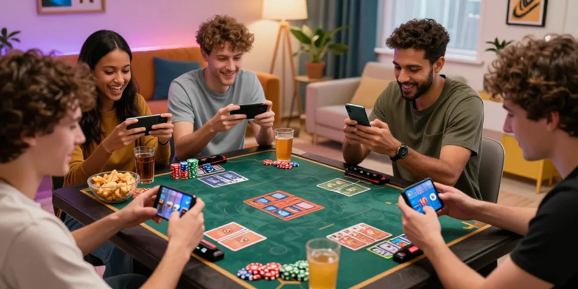 Engaging game scene showcasing diverse players enjoying card games on smartphones in a cozy living room setting.