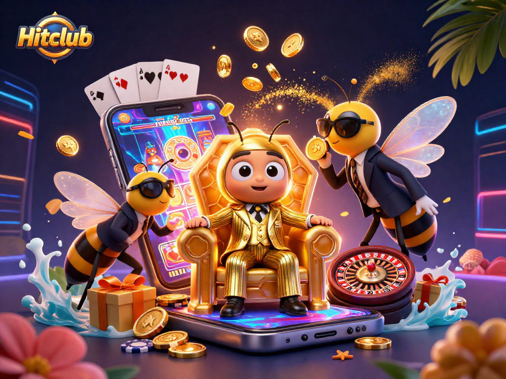 Experience thrilling wins at Hitclub with a vibrant 3D casino scene featuring slots and cards.