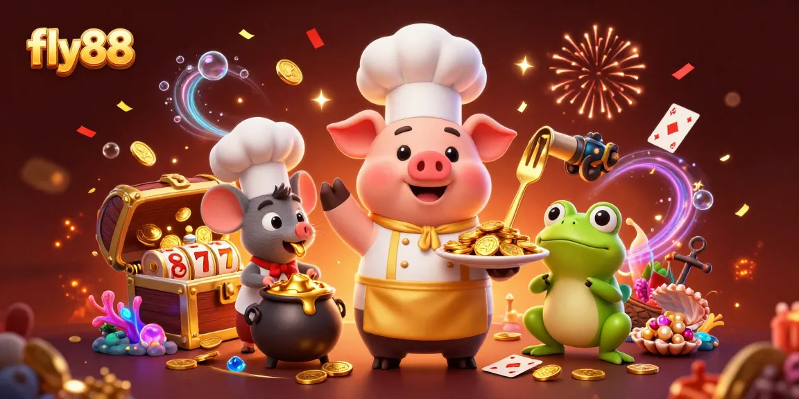 Experience the excitement of fly88 with a chef pig serving gold coins in a vibrant casino-themed illustration.