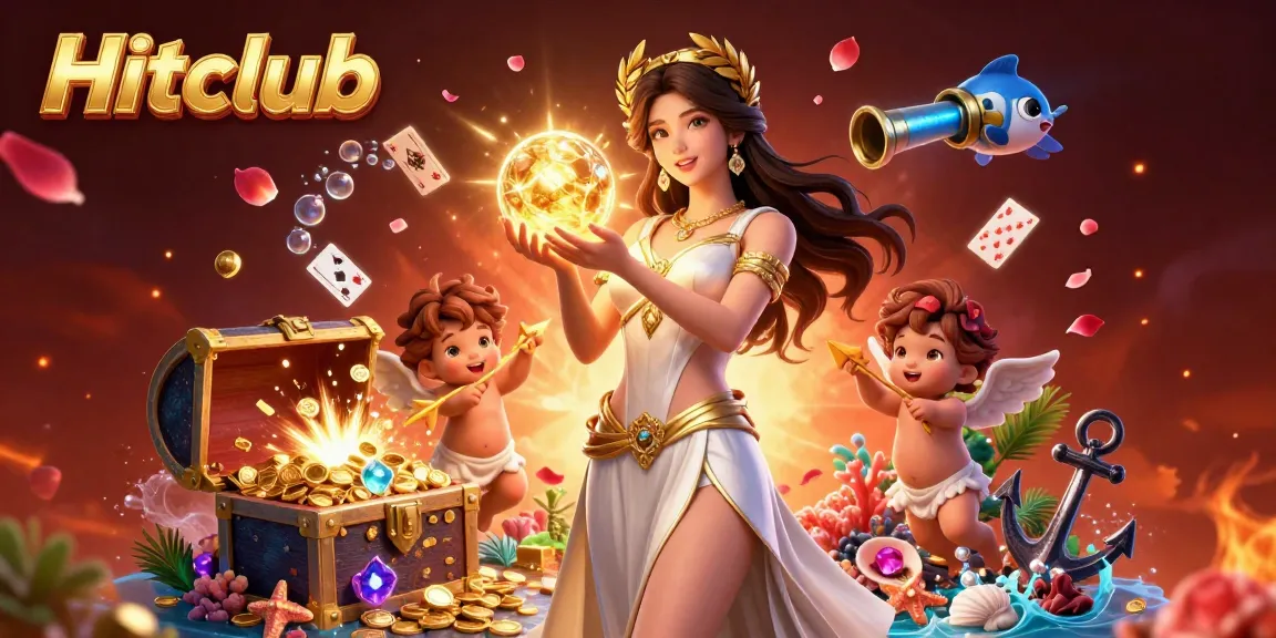 Experience premier gaming thrills at Hitclub, featuring a stunning Grecian goddess and cherubs amidst vibrant casino elements.