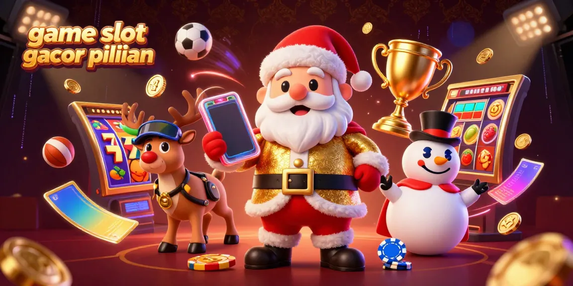 Santa Claus menunjukkan game slot gacor pilihan di kasino cerah yang penuh harta.