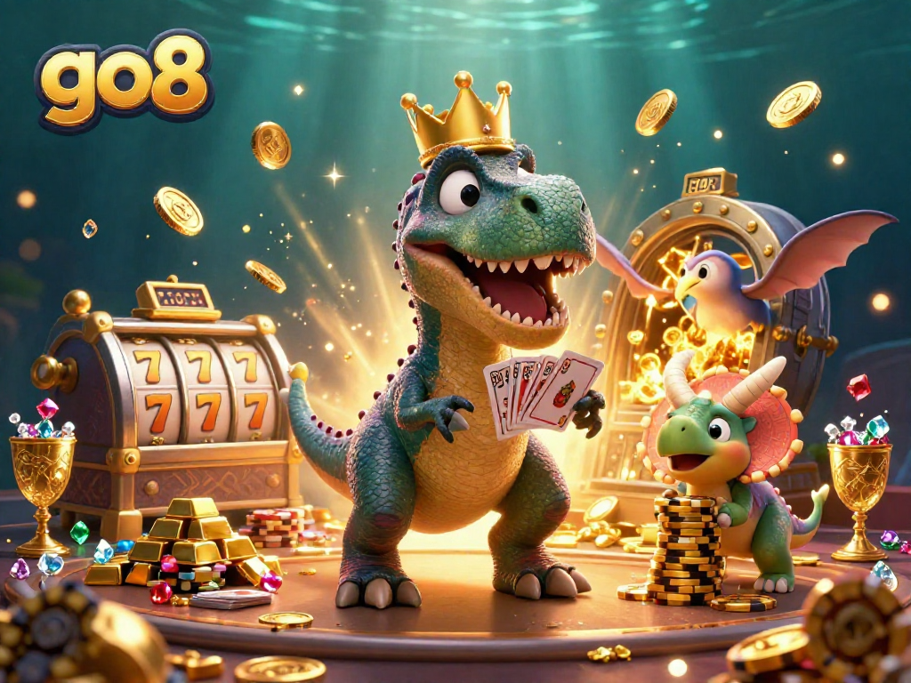 Engage with go8 strategies in this vibrant 3D illustration depicting a T-Rex and friends playing classic casino games.
