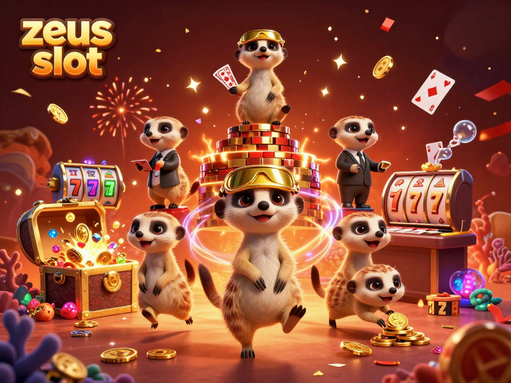 Experience zeus slot action with a lively meerkat casino scene packed with vibrant game elements.