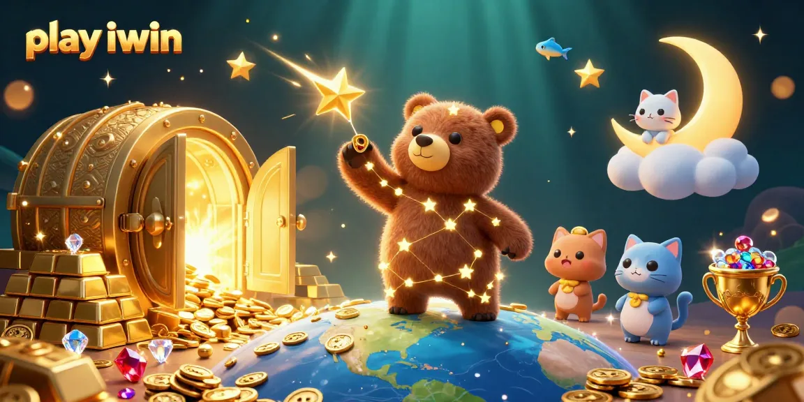 Play iwin and enjoy an exciting 3D casino-themed illustration featuring whimsical characters and vibrant treasure