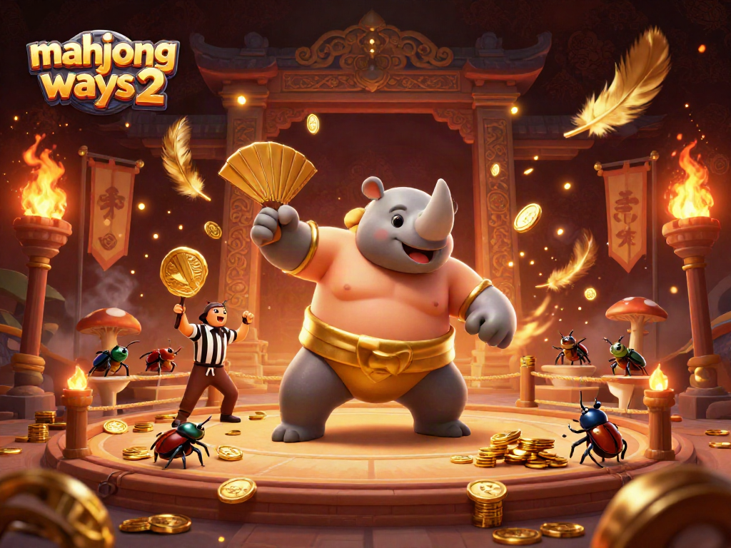 Engage in Mahjong Ways 2 excitement with dynamic 3D visuals illustrating a beetle sumo champion amidst vibrant casino elements.