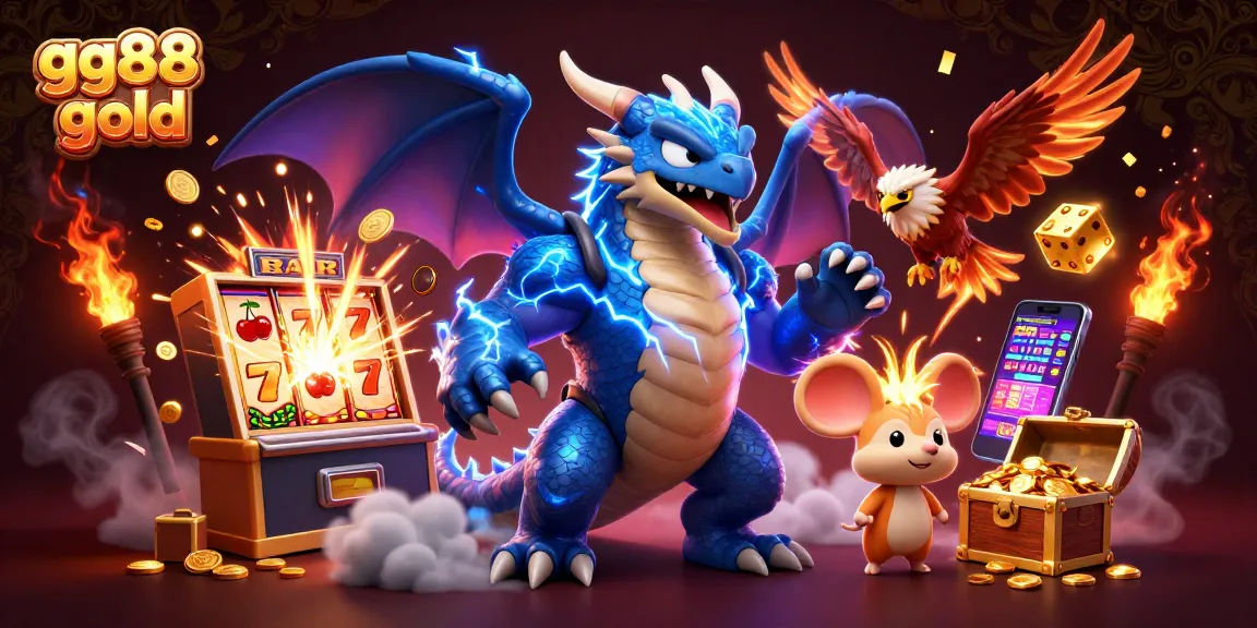 Spin the reels at gg88 gold with a dynamic scene featuring a cartoon thunder dragon and vibrant casino elements.