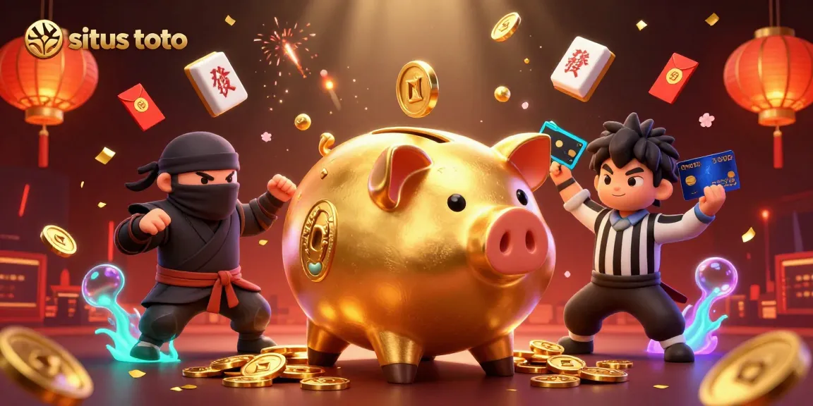 Engage with situs toto through thrilling 3D cartoon action featuring a golden piggy bank, ninja, and samurai in a vibrant casino scene.