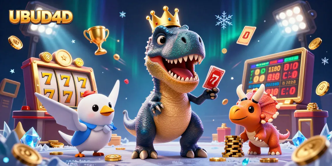 UBUD4D showcases a dynamic scene with a T-Rex and triceratops engaged in casino slots.