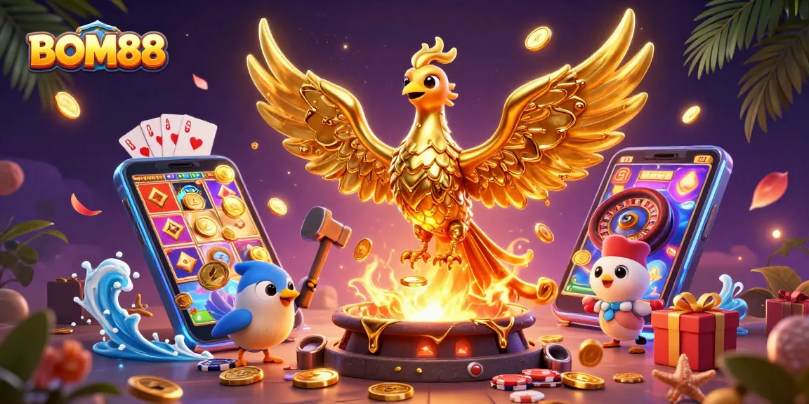 Engage with BOM88's vibrant casino experience, featuring a golden phoenix, dynamic gaming elements, and rich visuals.