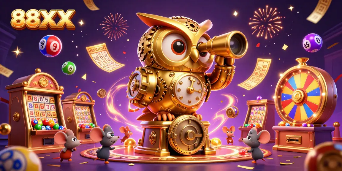 Experience the excitement of 88XX with colorful lottery balls and a golden owl in an animated casino scene.