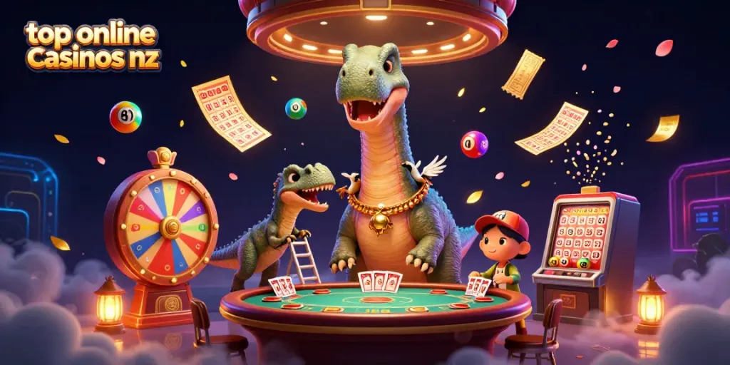 Engage with top online casinos nz through 3D cartoon dinosaurs in a vibrant casino game scene.
