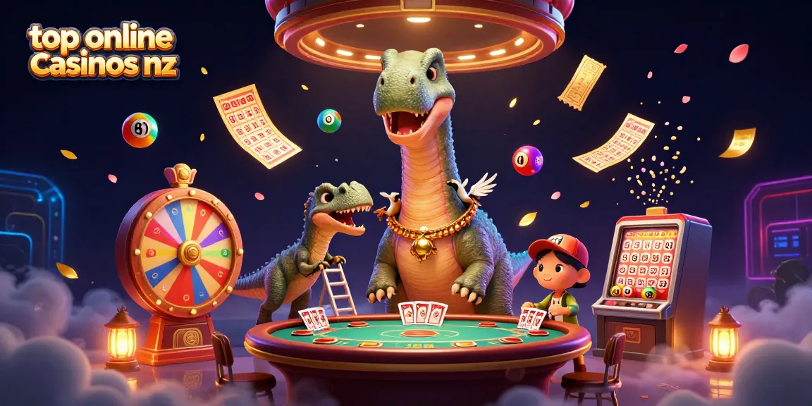 Engage with top online casinos nz through 3D cartoon dinosaurs in a vibrant casino game scene.