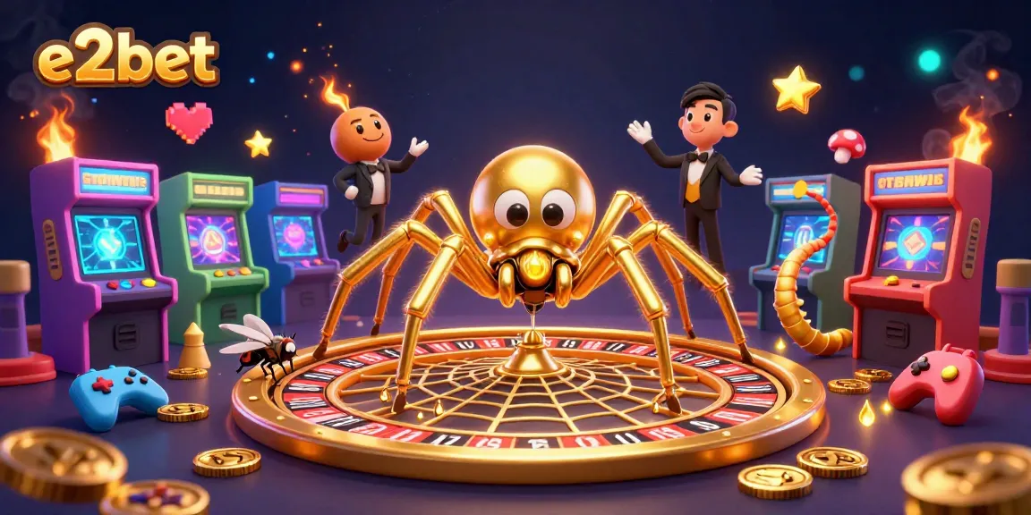 Experience e2bet casino excitement with a golden spider and animated characters in a vibrant gaming scene.