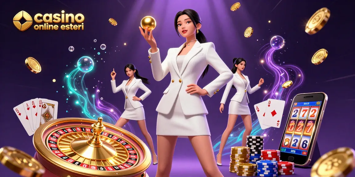 Vivi l'emozione dei casino online esteri con questa illustrazione dinamica che mostra una donna asiatica sicura di sé che tiene una pallina della roulette tra elementi vibranti del casino.