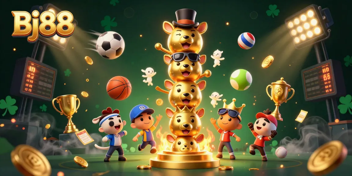 Experience the excitement of betting with BJ88, where animated totems meet dynamic sports elements in a vibrant casino atmosphere.