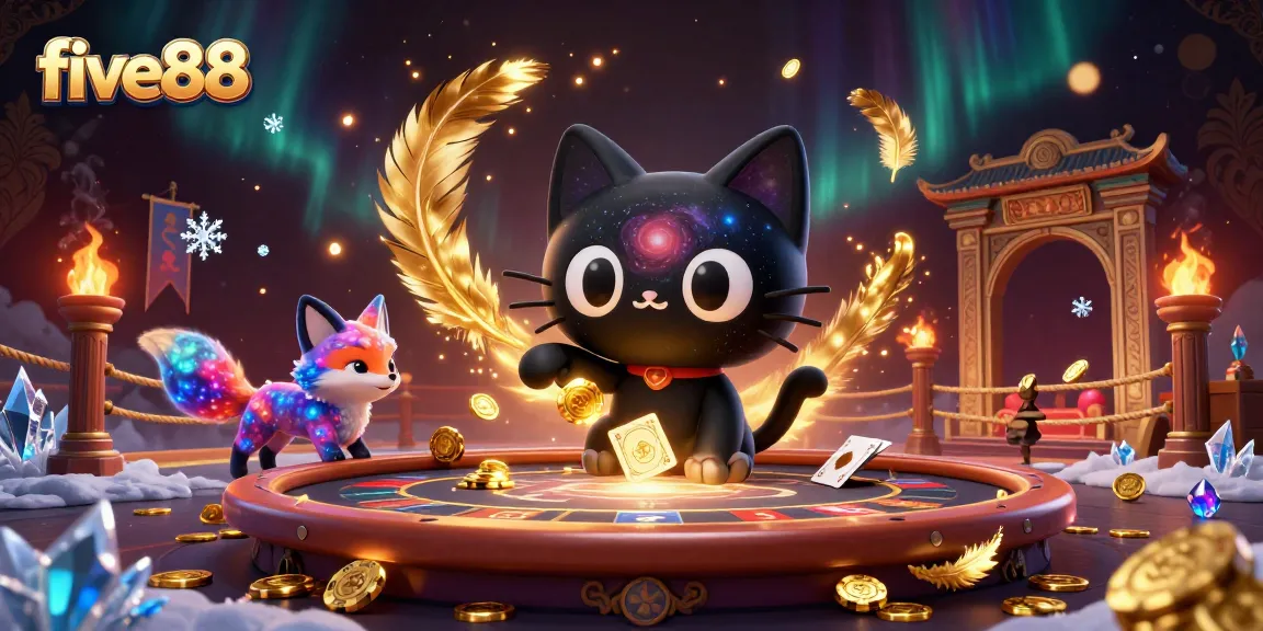 Engage in casino fun with Five88 featuring a black hole cat at a cosmic gaming table, pulling in golden chips.