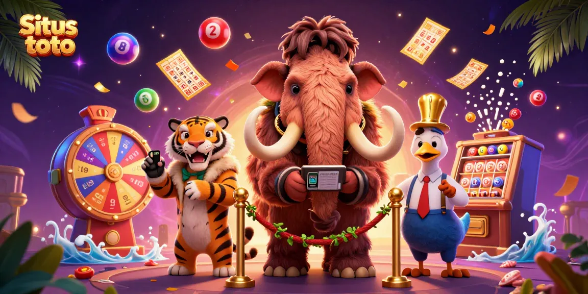 Situs toto gaming scene with a mammoth bouncer and vibrant lottery elements illustrating excitement.