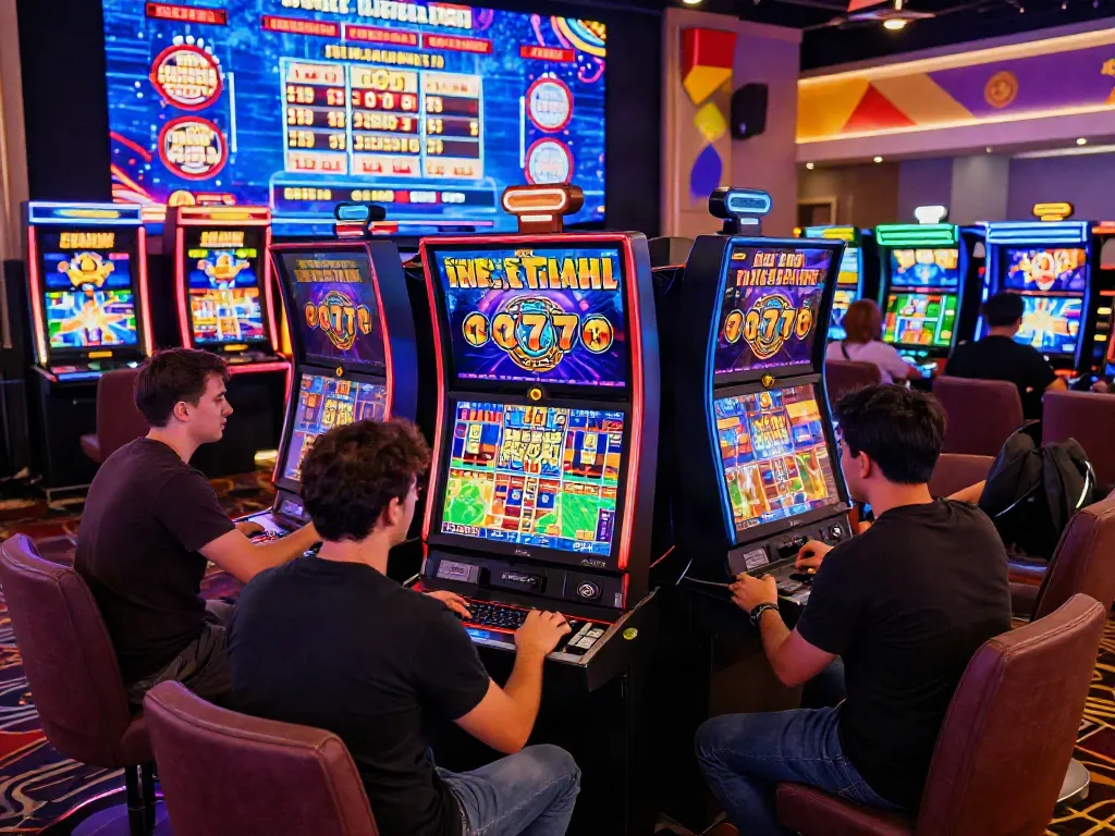 Exciting slot777 gaming experience with players enjoying colorful slot machines in a vibrant online casino atmosphere.