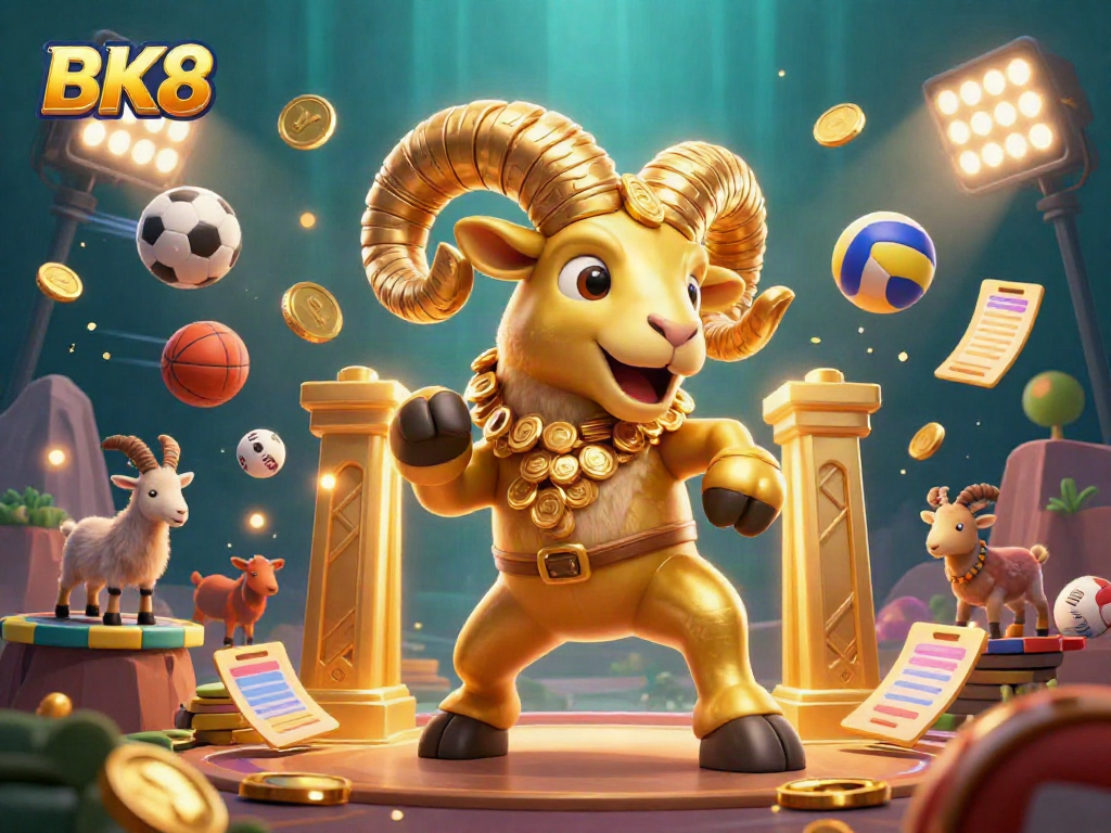 Experience the excitement of BK8 with a dynamic 3D illustration featuring a golden ram charging through a casino atmosphere.