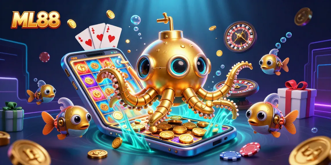 ML88 showcases a vibrant underwater scene with a golden kraken submarine amidst coins and gaming elements.